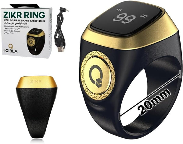 iQIBLA Smart Tasbih Zikr Ring- Muslim Prayer- Prayer timing reminder- OLED display- Tasbih Counter- Smart Ring- Wearable Technology- Waterproof Black 22mm- E0120BK- 20mm- USB