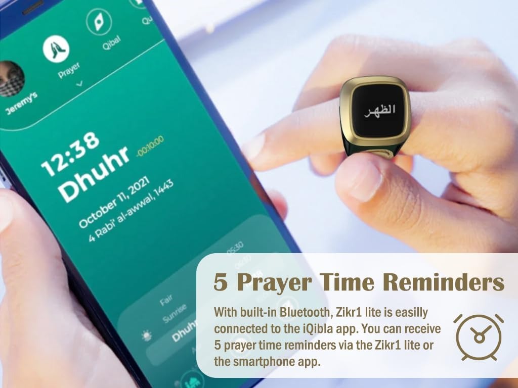 iQIBLA Smart Tasbih Zikr Ring- Muslim Prayer- Prayer timing reminder- OLED display- Tasbih Counter- Smart Ring- Wearable Technology- Waterproof Black 22mm- E0120BK- 20mm- USB