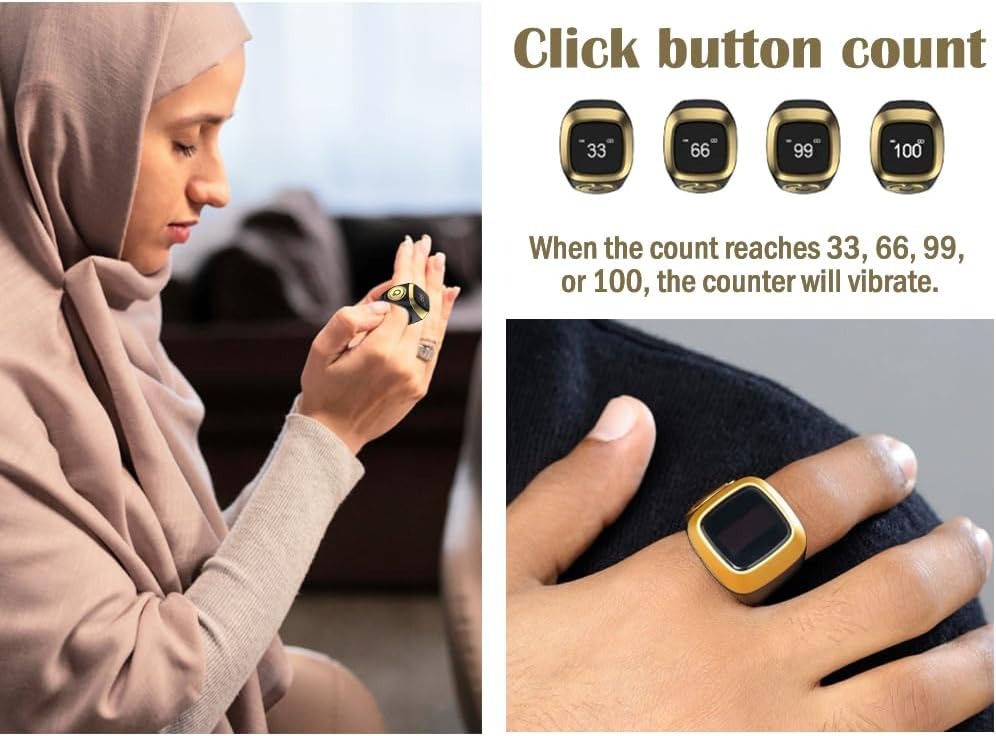 iQIBLA Smart Tasbih Zikr Ring- Muslim Prayer- Prayer timing reminder- OLED display- Tasbih Counter- Smart Ring- Wearable Technology- Waterproof Black 22mm- E0120BK- 20mm- USB
