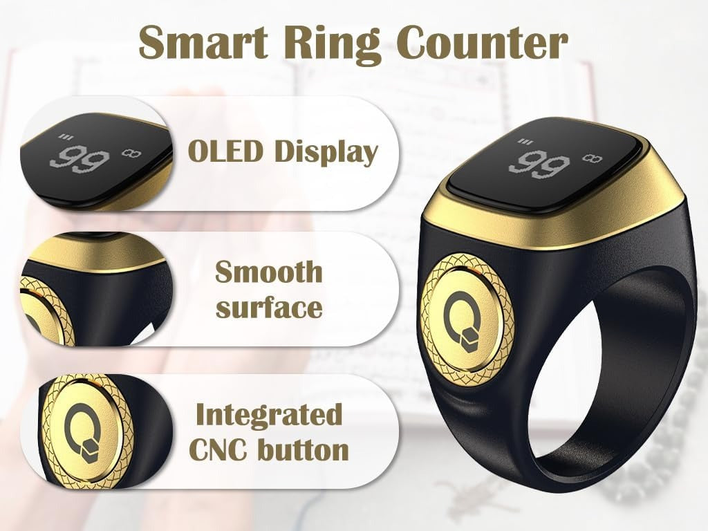 iQIBLA Smart Tasbih Zikr Ring- Muslim Prayer- Prayer timing reminder- OLED display- Tasbih Counter- Smart Ring- Wearable Technology- Waterproof Black 22mm- E0120BK- 20mm- USB